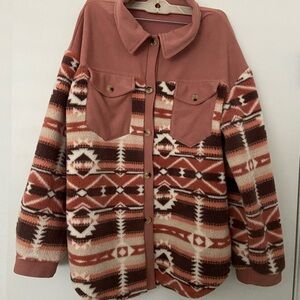 SHEIN Rust & Cream Aztec Teddy Sherpa Jacket
